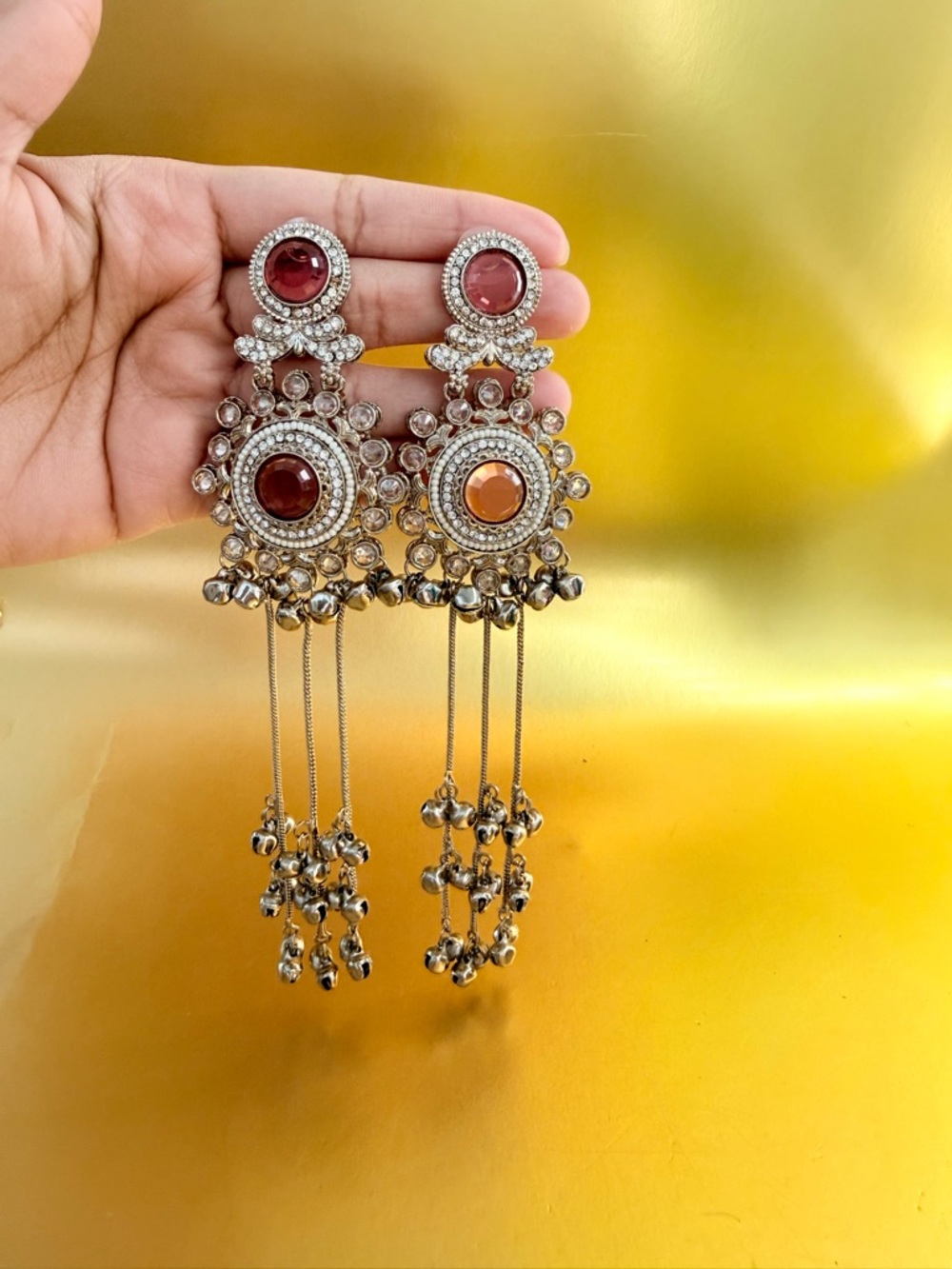 Handcrafted Gold-Tone Red Stone Dangle Chandbali Earrings